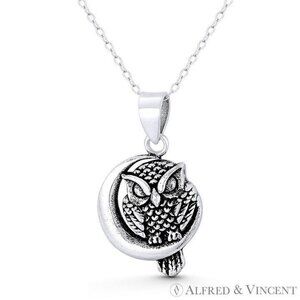 Perched Owl on Crescent Moon Charm Pendant in Oxidized .925 Sterling Silver